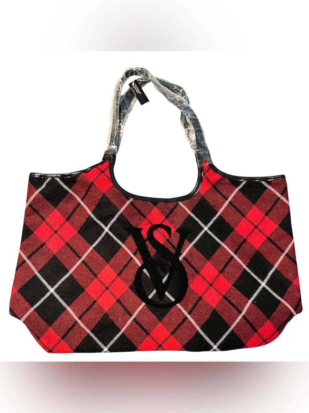 Victoria’s Secret Red Black Plaid Monogram Tote Bag Weekender Large Holiday NWT